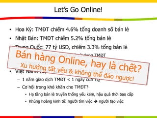 Let’s Go Online!
• Hoa Kỳ: TMĐT chiếm 4.6% tổng doanh số bán lẻ
• Nhật Bản: TMĐT chiếm 5.2% tổng bán lẻ
• Trung Quốc: 77 tỷ USD, chiếm 3.3% tổng bán lẻ
– 42% doanh nghiệp vừa/nhỏ sử dụng TMĐT
– Kế hoạch 2015: chiếm hơn 9% tổng bán lẻ (vượt Mỹ)
• Việt Nam: hiện dưới 0.3% tổng bán lẻ (85 tỷ USD)
– 1 năm giao dịch TMĐT < 1 ngày của TQ
– Cơ hội trong khó khăn cho TMĐT?
• Hạ tầng bán lẻ truyền thống yếu kém, hậu quả thời bao cấp
• Khủng hoảng kinh tế: người tìm việc  người tạo việc
 