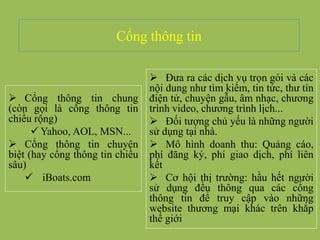 Cổng thông tin
 Cổng thông tin chung
(còn gọi là cổng thông tin
chiều rộng)
 Yahoo, AOL, MSN...
 Cổng thông tin chuyên
biệt (hay cổng thông tin chiều
sâu)
 iBoats.com
 Đưa ra các dịch vụ trọn gói và các
nội dung như tìm kiếm, tin tức, thư tín
điện tử, chuyện gẫu, âm nhạc, chương
trình video, chương trình lịch...
 Đối tượng chủ yếu là những người
sử dụng tại nhà.
 Mô hình doanh thu: Quảng cáo,
phí đăng ký, phí giao dịch, phí liên
kết
 Cơ hội thị trường: hầu hết người
sử dụng đều thông qua các cổng
thông tin để truy cập vào những
website thương mại khác trên khắp
thế giới
 