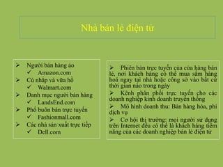 Nhà bán lẻ điện tử
 Người bán hàng ảo
 Amazon.com
 Cú nhắp và vữa hồ
 Walmart.com
 Danh mục người bán hàng
 LandsEnd.com
 Phố buôn bán trực tuyến
 Fashionmall.com
 Các nhà sản xuất trực tiếp
 Dell.com
 Phiên bản trực tuyến của cửa hàng bán
lẻ, nơi khách hàng có thể mua sắm hàng
hoá ngay tại nhà hoặc công sở vào bất cứ
thời gian nào trong ngày
 Kênh phân phối trực tuyến cho các
doanh nghiệp kinh doanh truyền thống
 Mô hình doanh thu: Bán hàng hóa, phí
dịch vụ
 Cơ hội thị trường: mọi người sử dụng
trên Internet đều có thể là khách hàng tiềm
năng của các doanh nghiệp bán lẻ điện tử
 
