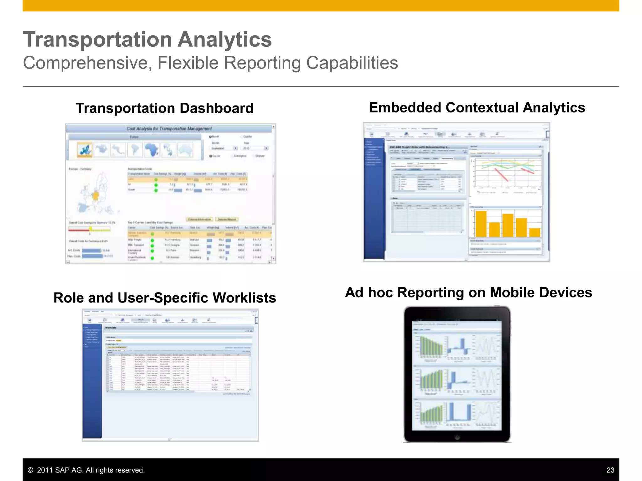 Transportation Analytics
Comprehensive, Flexible Reporting Capabilities

              Transportation Dashboard       Embedded Contextual Analytics




       Role and User-Specific Worklists   Ad hoc Reporting on Mobile Devices




© 2011 SAP AG. All rights reserved.                                            23
 