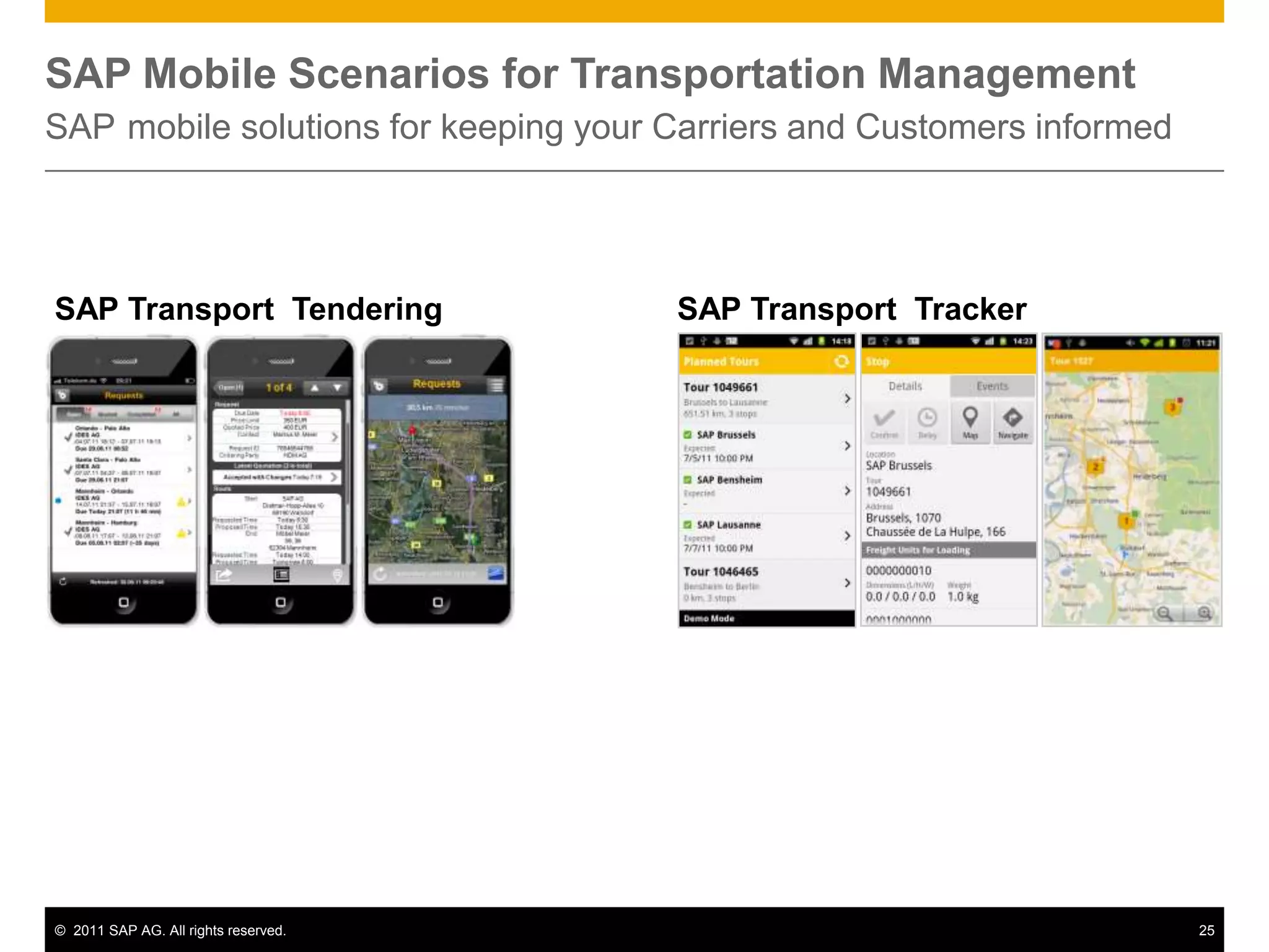 SAP Mobile Scenarios for Transportation Management
SAP mobile solutions for keeping your Carriers and Customers informed




SAP Transport Tendering               SAP Transport Tracker




© 2011 SAP AG. All rights reserved.                                     25
 