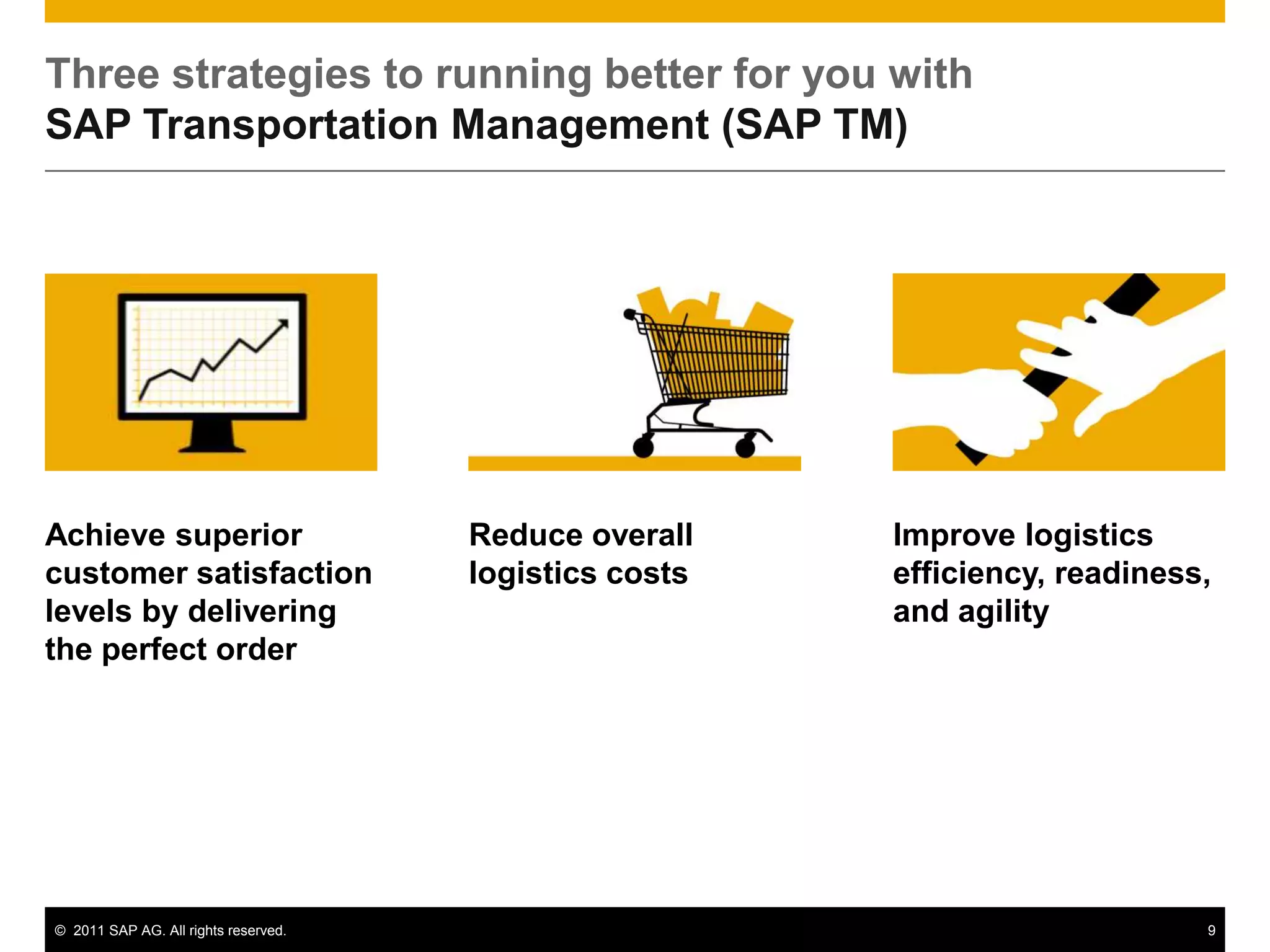 Three strategies to running better for you with
SAP Transportation Management (SAP TM)




Achieve superior                      Reduce overall    Improve logistics
customer satisfaction                 logistics costs   efficiency, readiness,
levels by delivering                                    and agility
the perfect order




© 2011 SAP AG. All rights reserved.                                          9
 