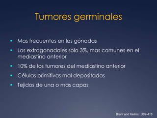 Bocio intratorácico	Lesión de contornos bien definidosSe continua con la tiroides cervicalDensidad >100 U.H. HeterogéneaAreas de mayor atenuación, quísticas y calcificaciones focales.