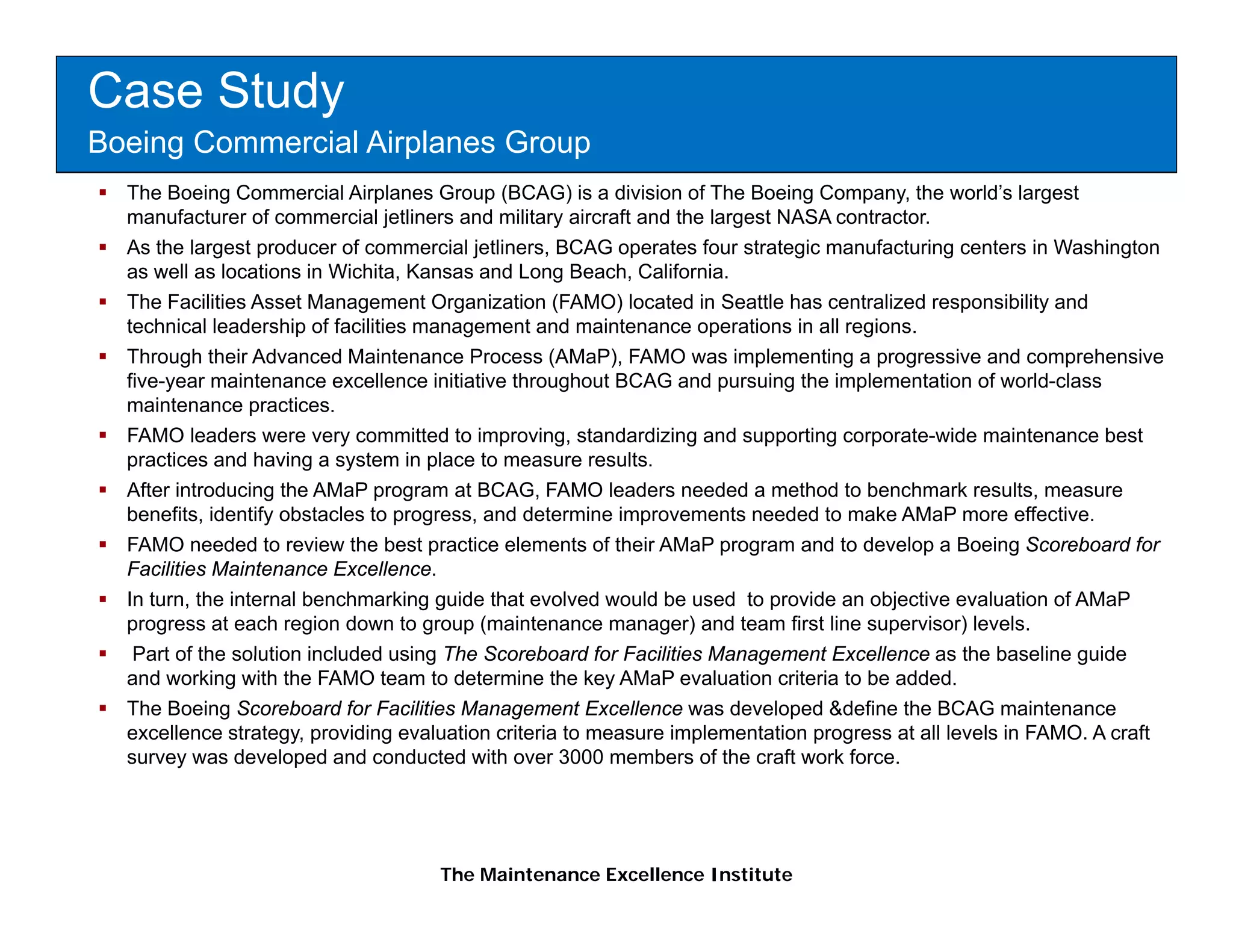 Case Study
Boeing Commercial Airplanes Group
  The Boeing Commercial Airplanes Group (BCAG) is a division of The Boeing Company, the world’s largest
  manufacturer of commercial jetliners and military aircraft and the largest NASA contractor.
  As the largest producer of commercial jetliners, BCAG operates four strategic manufacturing centers in Washington
  as well as locations in Wichita, Kansas and Long Beach, California.
  The Facilities Asset M
  Th F iliti A         t Management Organization (FAMO) l
                                     tO     i ti            located i S ttl h centralized responsibility and
                                                                t d in Seattle has  t li d            ibilit d
  technical leadership of facilities management and maintenance operations in all regions.
  Through their Advanced Maintenance Process (AMaP), FAMO was implementing a progressive and comprehensive
  five-year maintenance excellence initiative throughout BCAG and pursuing the implementation of world-class
  maintenance practices.
                  p
  FAMO leaders were very committed to improving, standardizing and supporting corporate-wide maintenance best
  practices and having a system in place to measure results.
  After introducing the AMaP program at BCAG, FAMO leaders needed a method to benchmark results, measure
  benefits, identify obstacles to progress, and determine improvements needed to make AMaP more effective.
  FAMO needed to review the best practice elements of their AMaP program and to develop a Boeing Scoreboard for
  Facilities Maintenance Excellence.
  In turn, the internal benchmarking guide that evolved would be used to provide an objective evaluation of AMaP
  progress at each region down to group (maintenance manager) and team first line supervisor) levels.
   Part of the solution included using The Scoreboard for Facilities Management Excellence as the baseline guide
  and working with the FAMO team to determine the key AMaP evaluation criteria to be added.
  The Boeing Scoreboard for Facilities Management Excellence was developed &define the BCAG maintenance
  excellence strategy, providing evaluation criteria to measure implementation progress at all levels in FAMO. A craft
  survey was developed and conducted with over 3000 members of the craft work force.




                                     The Maintenance Excellence Institute
 