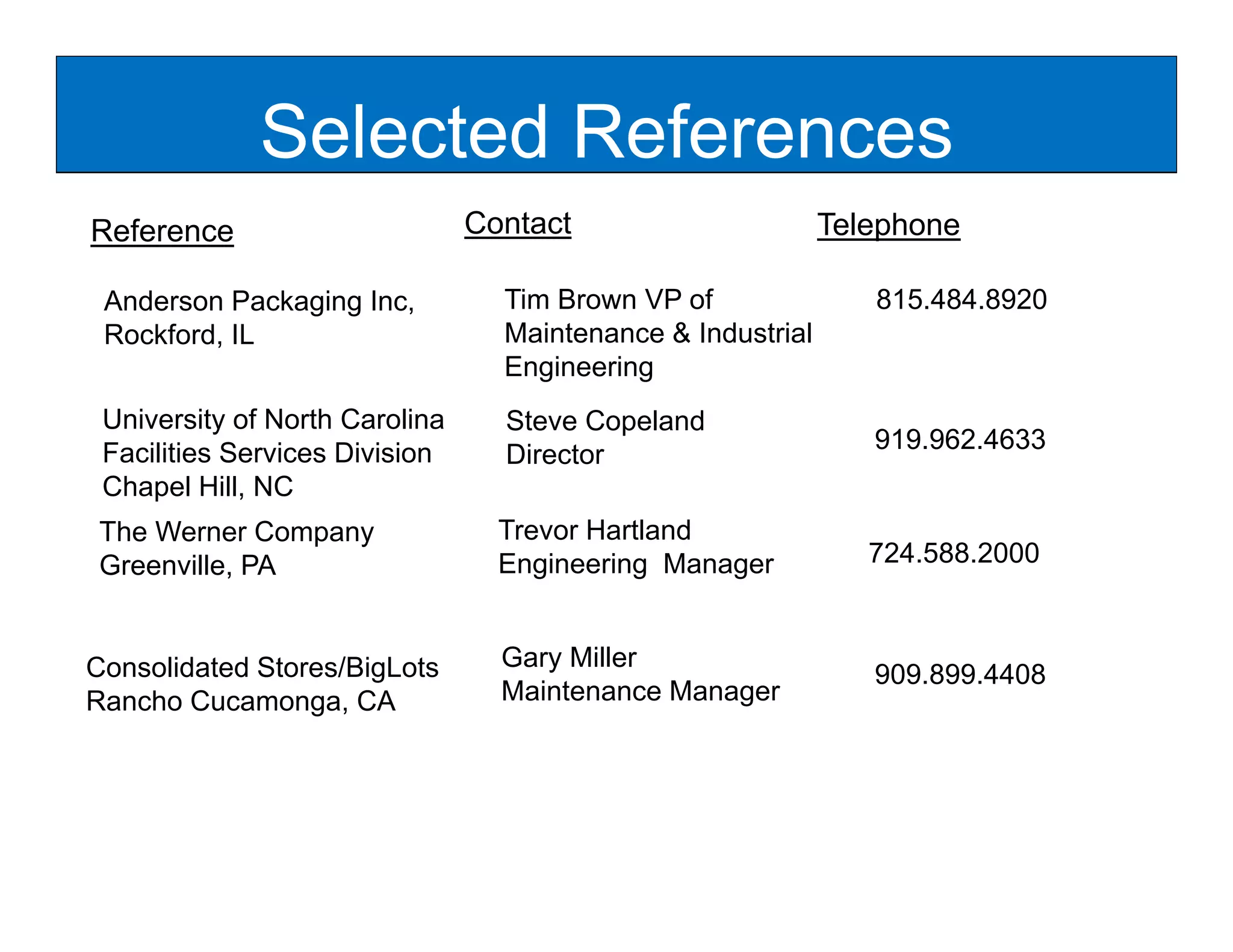 Selected References
Reference                       Contact                      Telephone

 Anderson Packaging Inc
                    Inc,          Tim Brown VP of               815.484.8920
                                                                815 484 8920
 Rockford, IL                     Maintenance & Industrial
                                  Engineering
 University of North Carolina     Steve Copeland
 Facilities Services Division                                   919.962.4633
                                  Director
 Chapel Hill, NC
 The Werner Company               Trevor Hartland
 Greenville, PA                   Engineering Manager           724.588.2000



Consolidated Stores/BigLots       Gary Miller
                                                                909.899.4408
Rancho Cucamonga, CA              Maintenance Manager
 