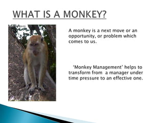 A monkey is a next move or an
opportunity, or problem which
comes to us.

‗Monkey Management‘ helps to
transform from a ma...