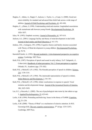 29
Hughes, C., Adlam, A., Happé, F., Jackson, J., Taylor, A., y Caspi, A. (2000). Good test-
retest reliability for standard and advanced false-belief task across a wide range of
abilities. Journal of Child Psychology and Psychiatry, 41, 483-490.
Hughes, C., y Dunn, J, (1998). Understanding mind and emotion: longitudinal associations
with mental-state talk between young friends. Developmental Psychology, 34,
1026-1037.
Ickes, W. (1993). Emphatic accuracy. Journal of Personality, 61, 587-610.
Jackson, A.L. (2001). Language facility and theory of mind development in deaf child.
Journal of deaf studies and Deaf Education, 6, 161-176.
Jenkins, J.M. y Astington, J.W. (1996). Cognitive factors and family structure associated
with Theory of Mind development in young children. Developmental Psychology,
32, 70-78.
Karmiloff-Smith, A. (1992). Beyond modularity: A developmental perspective on cognitive
science. Cambridge: MIT Press.
Kuhl, P.K. (1987). Perception of speech and sound in early infancy. En P. Salapatek y L.
Cohen (eds), Handbook of infant perception, Vol. 2: From perception to cognition.
Orlando, FL: Academic (pgs. 275-382).
Kuhl, P.K. y Meltzoff, A.N. (1982). The bimodal perception of speech in children. Science,
218, 1138-1141.
Kuhl, P.K. y Meltzoff, A.N. (1984). The intermodal representation of speech in infants.
Infant Behavior and Development, 7, 361-381.
Kuhl, P.K. y Meltzoff, A.N. (1996). Infant vocalizations in response to speech: Vocal
imitation and developmental change. Journal of the Acoustical Society of America,
100, 2425-2438.
Lee, E.C, y Rescorla, L. (2002). The use of psychological state terms by late talkers at age
3. Applied Psycholinguistics, 23, 623-641.
Leslie, A.M. (1994). Pretending and believing. Issues in the theory of ToMM. Cognition,
50, 211-238.
Leslie, A.M. (2000). “Theory of Mind” as a mechanism of selective attention. In M.S.
Gazzaniga (Ed), The new cognitive neurosciences, 2nd
ed (pp. 1235-1247).
Cambridge, MIT Press.
 