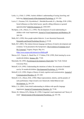 30
Leslie, A. y Frith, U. (1988). Autistic children’s understanding of seeing, knowling, and
believing. British Journal of Developmental Psychology, 6, 315-324.
Lewis, C., Freeman, N.H., Kyriakidou,C., Maridaki-Kassotaki, K. y Berridge, D.M. (1996).
Social influences on false belief access: specific sibling influences or general
apprenticeship? Child Development, 67, 2930-2947.
McAlpine, L.M. y Moore, C.L. (1995). The development of social understanding in
children with visual impairments. Journal of Visual Impairment and Blindness, 89,
349-358.
Malle, B.F. (1999). How people explain behavior: A new theoretical framework.
Personality and Social Psychology Review, 3, 23-48.
Malle, B.F. (2001). The relation between language and theory of mind in development and
evolution. To be presented at the Symposium “The Evolution of Language out of
Pre-Language”. Eugene, Oregon, May 4-6.
(http://www.oregon.edu/interact/evo/Malle.pdf).
Marcus, G.F., Vijayan, S., Bandi Pao, S. Y Vishton, P.M. (1999). Rule learning by seven-
month-old children. Science, 283, 77-80.
Marschark, M. (1993). Psychological development of deaf child. New York: Oxford
University Press.
Meltzoff, A.N. (1995). Understanding the intentions of others: Re-enactment of intended
acts by 18-month-old children. Developmental Psychology, 31, 838-850.
Meltzoff, A.N. (1999). Origins of theory of mind, cognition and communication. Journal of
Communication Disorders, 32, 251-269.
Meltzoff, A.N. y Moore, M.K. (1998). Object representation, identity, and the paradox of
early performance: Steps toward a new framework. Infant Behavior and
Development, 21, 201-235.
Miller, C.A. (2001). False belief understanding in children with specific language
impairment. Journal of Communication Disorders, 34, 73-86.
Minter, M., Hobson, R.P y Bishop, M. (1998). Congenital visual impairment and “theory of
mind”. British Journal of Developmental Psychology, 16, 183-196.
 