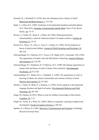 32
Premack, D., y Woodruff, G. (1978). Does the chimpanzee have a theory of mind?
Behavioral and Brain Sciences, 1, 515-526.
Rapin. I. y Allen, D.A. (1988). Syndromes in developmental dysphasia and adult aphasia.
En F. Plum (Ed.), Language, Communication and the Brain. Nueva York: Raven
Books. pgs. 57-75.
Rivière, A., Sotillo, M., Sarriá, E. y Núñez, M. (1994). Metarrepresentación,
intensionalidad y verbos de referencia mental: Un estudio evolutivo. Estudios de
Psicología, 51, 23-32.
Russel, P.A., Hosie, J.A., Gray, C., Scott, C. y Hunter, N. (1998). The development of
theory of mind in deaf children. Journal of Child Psychology and Psychiatry, 39,
903-910.
Schwanenflugel, P.J., Fabricius, W.V., Noyes, C.R., Bigler, K.D. y Alexander, J.M. (1994).
The organization of mental verbs and folk theories of knowing. Journal of Memory
and Language, 33, 376-395.
Schwanenflugel, P.J., Henderson, R. Y Fabricius, W.V. (1998). Developing organization of
mental verbs and theory of mind: Evidence from extensions. Developmental
Psychology, 34, 512-524.
Schwanenflugel, P.J., Martin, M.A. y Takahashi, T. (1999). The organization of verbs of
knowing: Evidence for cultural commonality and variation in theory of mind.
Memory and Cognition, 27, 813-825.
Shields, J., Varley, R., Broks, P. y Simpson, A. (1996). Social cognition in developmental
language disorders and high-level autism. Developmental Medicine and Child
Neurology, 38, 487-495.
Siegal, M y Beattie, K (1991). Where to look for children’s knowledge of false beliefs.
Cognition, 38, 1-12
Siegal, M., Varley, R. y Want, S.C. (2001). Mind over grammar: reasoning in aphasia and
development. Trends in Cognitive Science, 5, 296-301.
Sperber, D. y Wilson, D. (1986). Relevence: Communication and Cognition. Cambridge,
Harvard University Press.
 