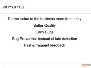 WHY CI / CD
Deliver value to the business more frequently
Better Quality
Early Bugs
Bug Prevention instead of late detection
Fast & frequent feedback
11
 