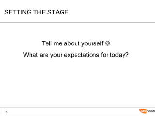 SETTING THE STAGE
Tell me about yourself J
What are your expectations for today?
3
 