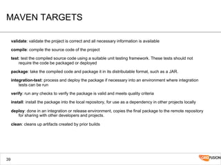 MAVEN TARGETS
validate: validate the project is correct and all necessary information is available
compile: compile the source code of the project
test: test the compiled source code using a suitable unit testing framework. These tests should not
require the code be packaged or deployed
package: take the compiled code and package it in its distributable format, such as a JAR.
integration-test: process and deploy the package if necessary into an environment where integration
tests can be run
verify: run any checks to verify the package is valid and meets quality criteria
install: install the package into the local repository, for use as a dependency in other projects locally
deploy: done in an integration or release environment, copies the final package to the remote repository
for sharing with other developers and projects.
clean: cleans up artifacts created by prior builds
39
 