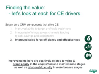 Finding the value:
 - let’s look at each for CE drivers

Seven core CRM components that drive CE
   1. Improved ability to target profitable customers
   2. Integrated offerings across channels leading
       to cost savings and consistency
   3. Improved sales force efficiency and effectiveness      
                                                             U
                                                             
 Improvements here are positively related to value &
    brand equity in the acquisition and maintenance stages
     as well as relationship equity in maintenance stages
                                24
 