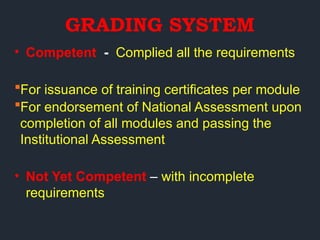 GRADING SYSTEM
• Competent - Complied all the requirements
For issuance of training certificates per module
For endorsement of National Assessment upon
completion of all modules and passing the
Institutional Assessment
• Not Yet Competent – with incomplete
requirements
 