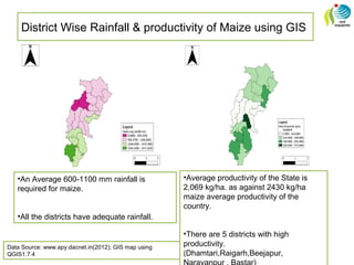 District Wise Rainfall & productivity of Maize using GIS
•An Average 600-1100 mm rainfall is
required for maize.
•All the districts have adequate rainfall.
•Average productivity of the State is
2,069 kg/ha. as against 2430 kg/ha
maize average productivity of the
country.
•There are 5 districts with high
productivity.
(Dhamtari,Raigarh,Beejapur,
Data Source: www.apy.dacnet.in(2012); GIS map using
QGIS1.7.4
 