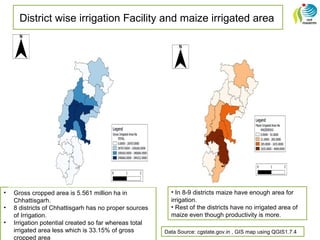 District wise irrigation Facility and maize irrigated area
• Gross cropped area is 5.561 million ha in
Chhattisgarh.
• 8 districts of Chhattisgarh has no proper sources
of Irrigation.
• Irrigation potential created so far whereas total
irrigated area less which is 33.15% of gross
cropped area
• In 8-9 districts maize have enough area for
irrigation.
• Rest of the districts have no irrigated area of
maize even though productivity is more.
Data Source: cgstate.gov.in , GIS map using QGIS1.7.4
 