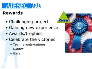 Rewards
• Challenging project
• Gaining new experience
• Awards/trophies
• Celebrate the victories
– Team events/outings
–...