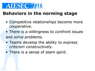 Behaviors in the norming stage
• Competitive relationships become more
cooperative.
• There is a willingness to confront i...
