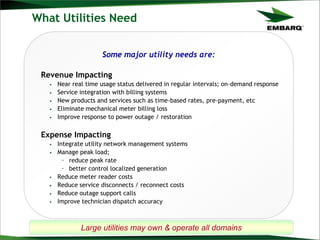 What Utilities Need
Large utilities may own & operate all domains
Some major utility needs are:
Revenue Impacting
• Near real time usage status delivered in regular intervals; on-demand response
• Service integration with billing systems
• New products and services such as time-based rates, pre-payment, etc
• Eliminate mechanical meter billing loss
• Improve response to power outage / restoration
Expense Impacting
• Integrate utility network management systems
• Manage peak load;
– reduce peak rate
– better control localized generation
• Reduce meter reader costs
• Reduce service disconnects / reconnect costs
• Reduce outage support calls
• Improve technician dispatch accuracy
 