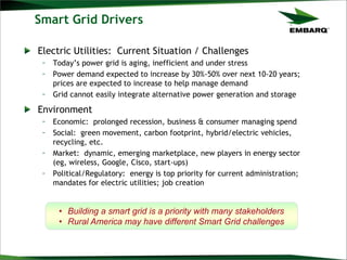 Smart Grid Drivers
Electric Utilities: Current Situation / Challenges
– Today‟s power grid is aging, inefficient and under stress
– Power demand expected to increase by 30%-50% over next 10-20 years;
prices are expected to increase to help manage demand
– Grid cannot easily integrate alternative power generation and storage
Environment
– Economic: prolonged recession, business & consumer managing spend
– Social: green movement, carbon footprint, hybrid/electric vehicles,
recycling, etc.
– Market: dynamic, emerging marketplace, new players in energy sector
(eg, wireless, Google, Cisco, start-ups)
– Political/Regulatory: energy is top priority for current administration;
mandates for electric utilities; job creation
• Building a smart grid is a priority with many stakeholders
• Rural America may have different Smart Grid challenges
 