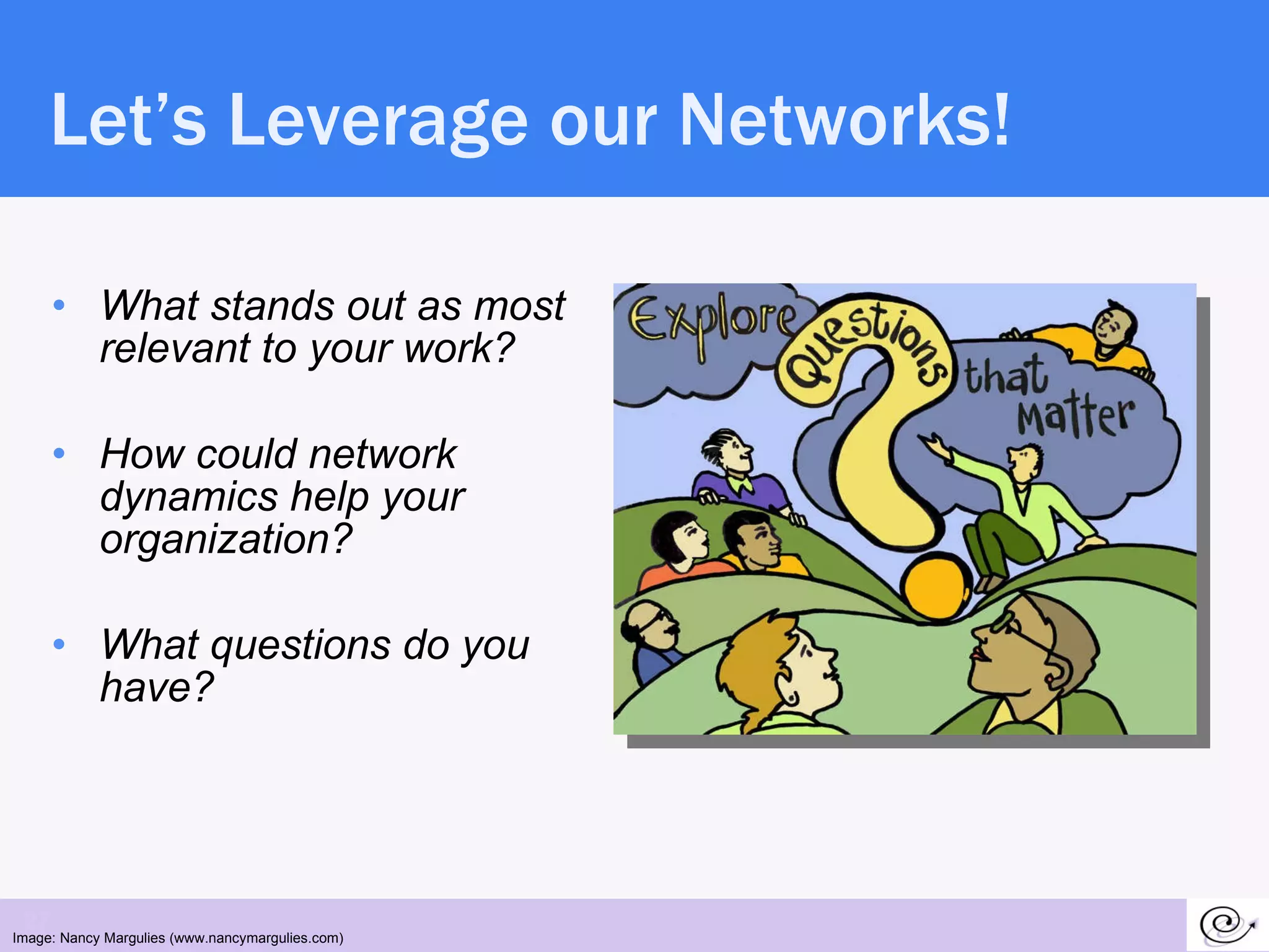 Let’s Leverage our Networks! What stands out as most relevant to your work? How could network dynamics help your organization? What questions do you have? Image: Nancy Margulies (www.nancymargulies.com) 