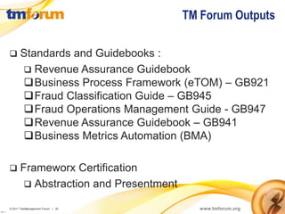 TM Forum Outputs

               Standards and Guidebooks :
                 Revenue Assurance Guidebook
                Business Process Framework (eTOM) – GB921
                Fraud Classification Guide – GB945
                Fraud Operations Management Guide - GB947
                Revenue Assurance Guidebook – GB941
                Business Metrics Automation (BMA)

               Frameworx Certification
                  Abstraction and Presentment

          © 2011 TeleManagement Forum | 20          www.tmforum.org
v2011.1
 