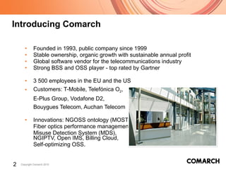 Founded in 1993, public company since 1999 Stable ownership, organic growth with sustainable annual profit Global software vendor for the telecommunications industry Strong BSS and OSS player - top rated by Gartner  3 500 employees in the EU and the US Customers: T-Mobile, Telefónica O 2 ,  E-Plus Group, Vodafone D2,  Bouygues Telecom, Auchan Telecom Innovations: NGOSS ontology (MOST),  Fiber optics performance management, Misuse Detection System (MDS),  NGIPTV, Open IMS, Billing Cloud, Self-optimizing OSS. Introducing Comarch 