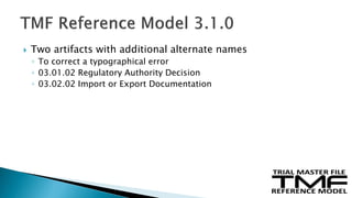  Two artifacts with additional alternate names
◦ To correct a typographical error
◦ 03.01.02 Regulatory Authority Decision
◦ 03.02.02 Import or Export Documentation
 