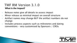 • Release notes give all details to assess impact
• Minor release so minimal impact on overall structure
• Artifact names may change BUT the artifact numbers do not
change
• Includes process aspects such as milestones and dating
conventions – very customised by Sponsors / CROs
What is the Impact?
 