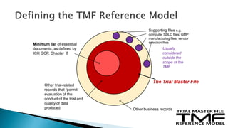 Other business records
Supporting files e.g.
computer SDLC files; GMP
manufacturing files; vendor
selection files
Usually
considered
outside the
scope of the
TMF
Other trial-related
records that “permit
evaluation of the
conduct of the trial and
quality of data
produced”
Minimum list of essential
documents, as defined by
ICH GCP, Chapter 8
The Trial Master File
 
