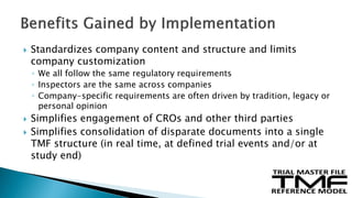  Standardizes company content and structure and limits
company customization
◦ We all follow the same regulatory requirements
◦ Inspectors are the same across companies
◦ Company-specific requirements are often driven by tradition, legacy or
personal opinion
 Simplifies engagement of CROs and other third parties
 Simplifies consolidation of disparate documents into a single
TMF structure (in real time, at defined trial events and/or at
study end)
7
 