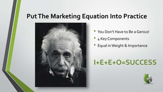 PutThe Marketing Equation Into Practice
• You Don’t Have to Be a Genius!
• 4 Key Components
• Equal inWeight & Importance
I+E+E+O=SUCCESS
 