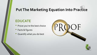 PutThe Marketing Equation Into Practice
EDUCATE
• Prove you’re the best choice
• Facts & figures
• Quantify what you do best
 