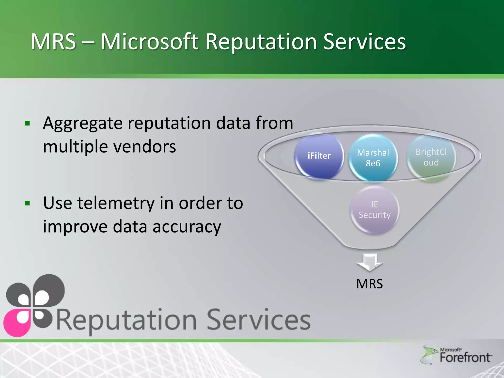 MRS – Microsoft Reputation Services




Aggregate reputation data from
multiple vendors
Use telemetry in order to
improve data accuracy

iFilter

Marshal
8e6

IE
Security

MRS

BrightCl
oud

 