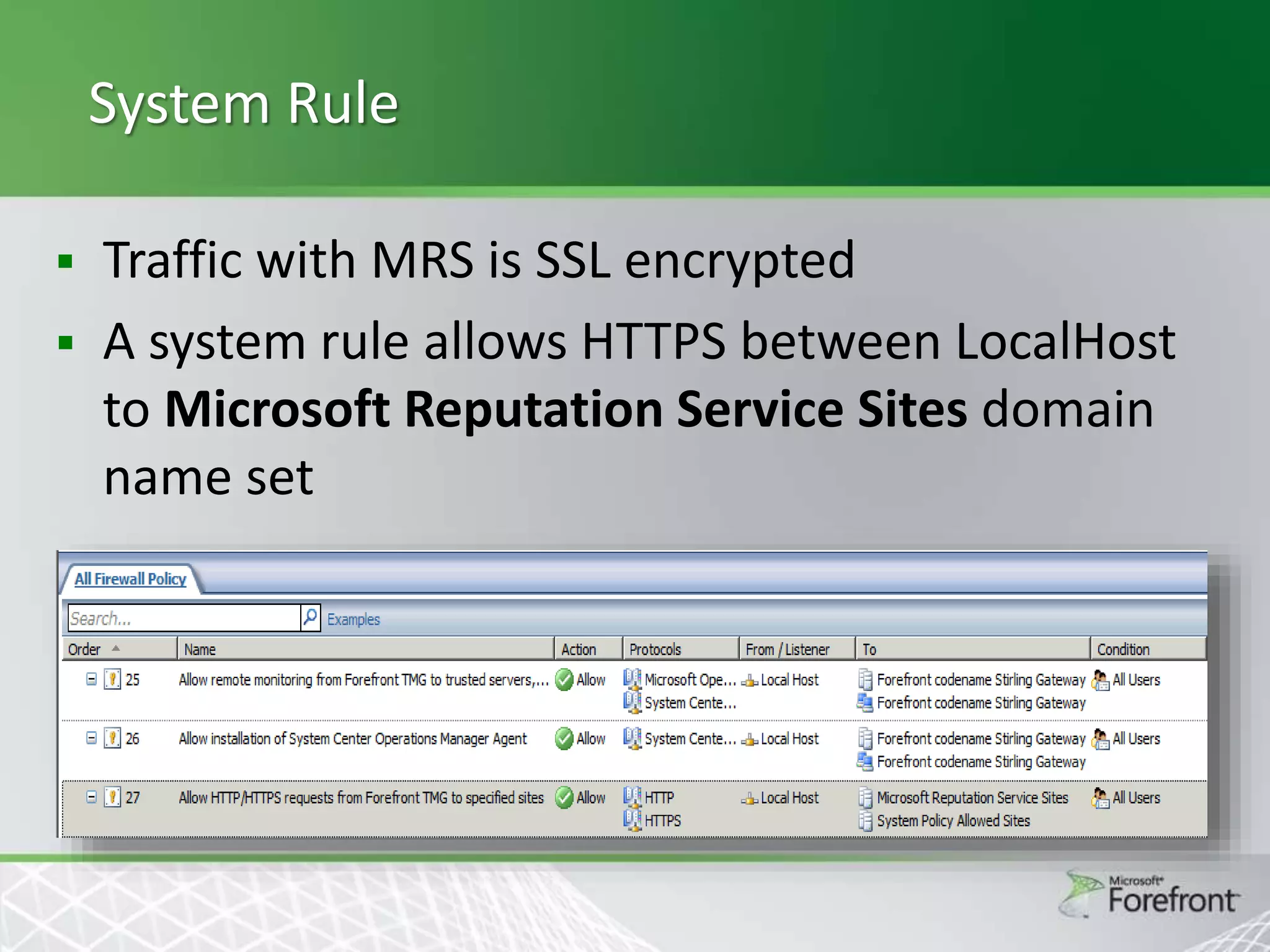 System Rule




Traffic with MRS is SSL encrypted
A system rule allows HTTPS between LocalHost
to Microsoft Reputation Service Sites domain
name set

 