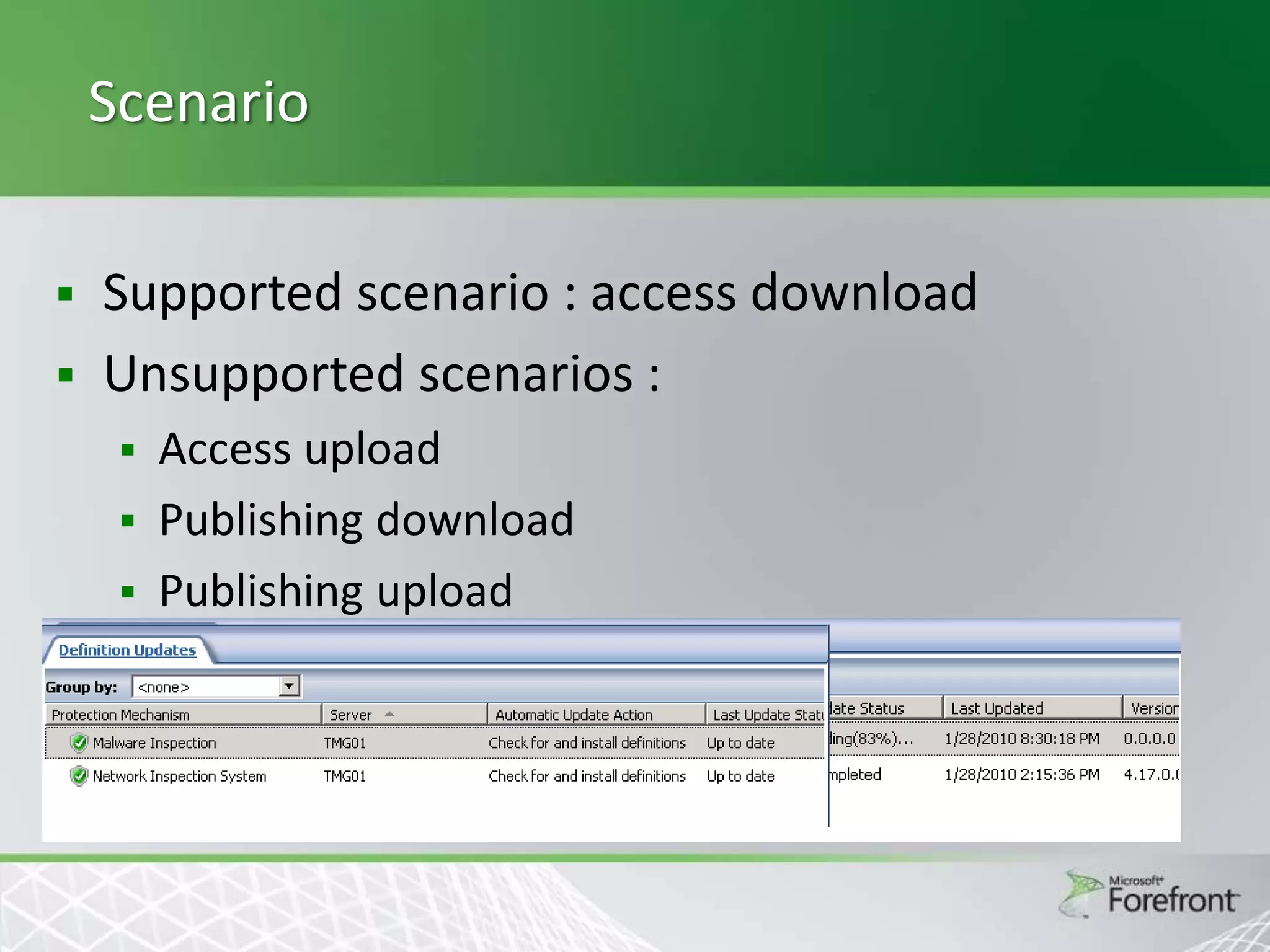 Scenario




Supported scenario : access download
Unsupported scenarios :
Access upload
 Publishing download
 Publishing upload


 