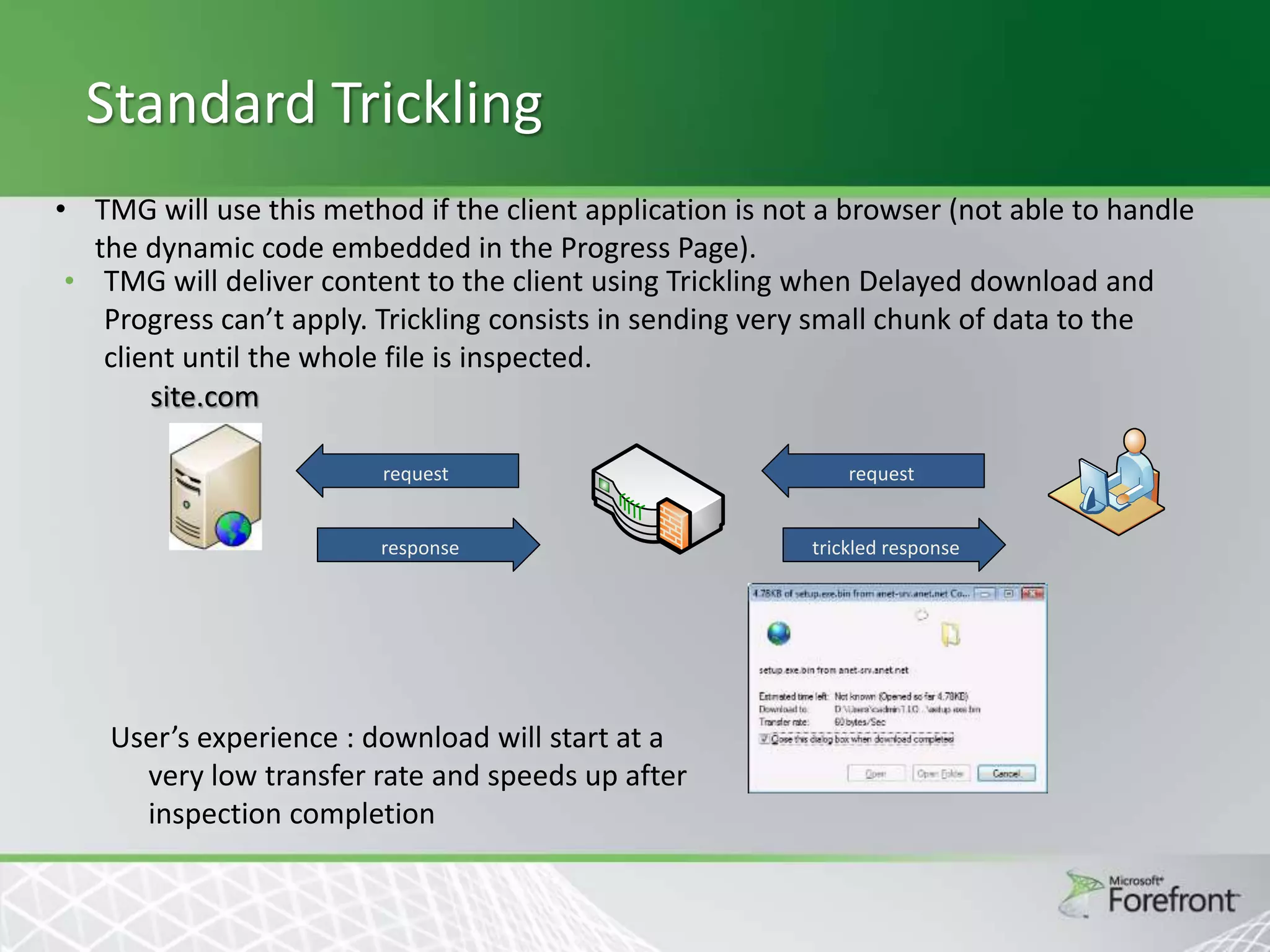 Standard Trickling
• TMG will use this method if the client application is not a browser (not able to handle
the dynamic code embedded in the Progress Page).
• TMG will deliver content to the client using Trickling when Delayed download and
Progress can’t apply. Trickling consists in sending very small chunk of data to the
client until the whole file is inspected.
site.com
request

request

response

trickled response

User’s experience : download will start at a
very low transfer rate and speeds up after
inspection completion

 