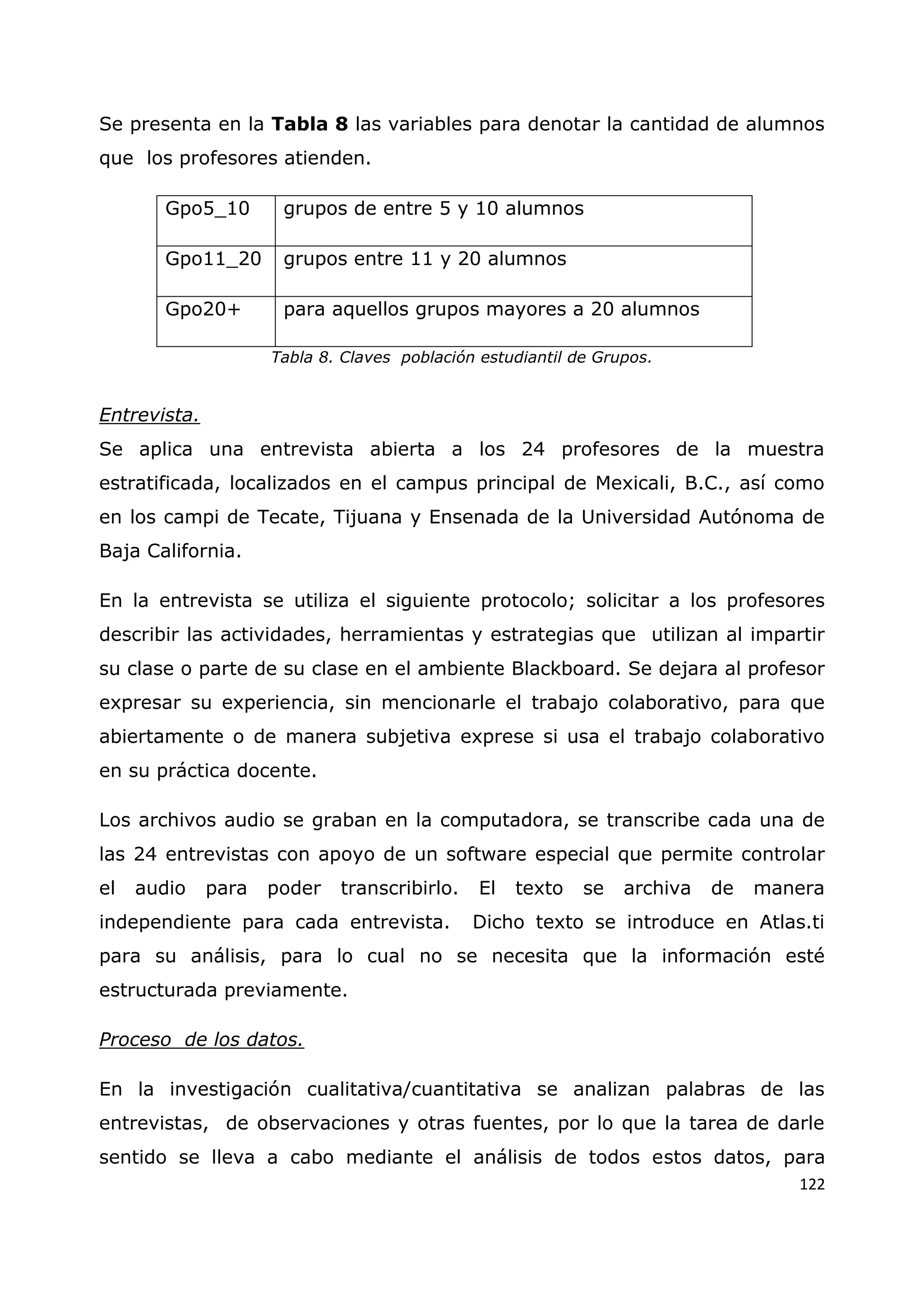122
Se presenta en la Tabla 8 las variables para denotar la cantidad de alumnos
que los profesores atienden.
Gpo5_10 grupos de entre 5 y 10 alumnos
Gpo11_20 grupos entre 11 y 20 alumnos
Gpo20+ para aquellos grupos mayores a 20 alumnos
Tabla 8. Claves población estudiantil de Grupos.
Entrevista.
Se aplica una entrevista abierta a los 24 profesores de la muestra
estratificada, localizados en el campus principal de Mexicali, B.C., así como
en los campi de Tecate, Tijuana y Ensenada de la Universidad Autónoma de
Baja California.
En la entrevista se utiliza el siguiente protocolo; solicitar a los profesores
describir las actividades, herramientas y estrategias que utilizan al impartir
su clase o parte de su clase en el ambiente Blackboard. Se dejara al profesor
expresar su experiencia, sin mencionarle el trabajo colaborativo, para que
abiertamente o de manera subjetiva exprese si usa el trabajo colaborativo
en su práctica docente.
Los archivos audio se graban en la computadora, se transcribe cada una de
las 24 entrevistas con apoyo de un software especial que permite controlar
el audio para poder transcribirlo. El texto se archiva de manera
independiente para cada entrevista. Dicho texto se introduce en Atlas.ti
para su análisis, para lo cual no se necesita que la información esté
estructurada previamente.
Proceso de los datos.
En la investigación cualitativa/cuantitativa se analizan palabras de las
entrevistas, de observaciones y otras fuentes, por lo que la tarea de darle
sentido se lleva a cabo mediante el análisis de todos estos datos, para
 