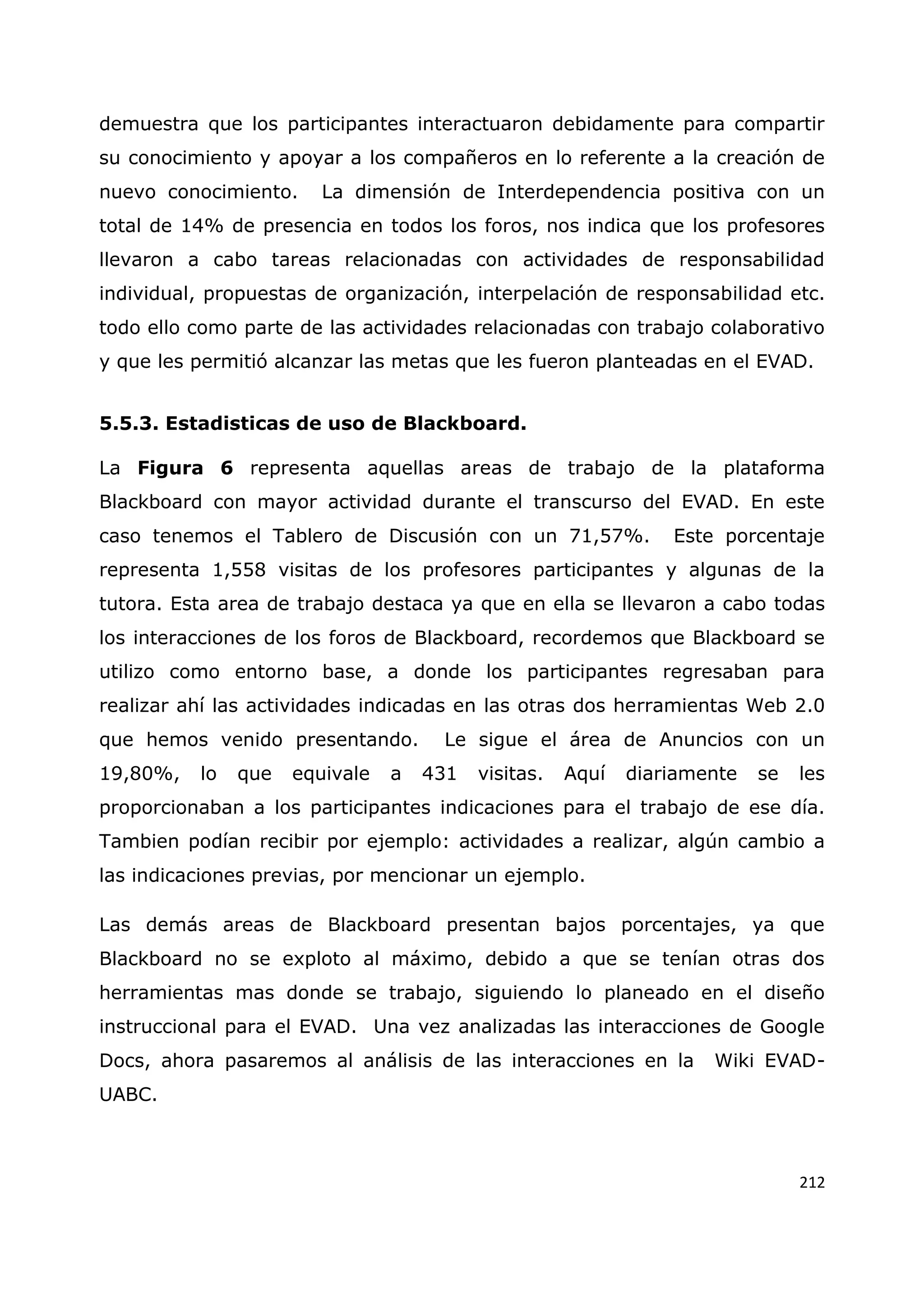 212
demuestra que los participantes interactuaron debidamente para compartir
su conocimiento y apoyar a los compañeros en lo referente a la creación de
nuevo conocimiento. La dimensión de Interdependencia positiva con un
total de 14% de presencia en todos los foros, nos indica que los profesores
llevaron a cabo tareas relacionadas con actividades de responsabilidad
individual, propuestas de organización, interpelación de responsabilidad etc.
todo ello como parte de las actividades relacionadas con trabajo colaborativo
y que les permitió alcanzar las metas que les fueron planteadas en el EVAD.
5.5.3. Estadisticas de uso de Blackboard.
La Figura 6 representa aquellas areas de trabajo de la plataforma
Blackboard con mayor actividad durante el transcurso del EVAD. En este
caso tenemos el Tablero de Discusión con un 71,57%. Este porcentaje
representa 1,558 visitas de los profesores participantes y algunas de la
tutora. Esta area de trabajo destaca ya que en ella se llevaron a cabo todas
los interacciones de los foros de Blackboard, recordemos que Blackboard se
utilizo como entorno base, a donde los participantes regresaban para
realizar ahí las actividades indicadas en las otras dos herramientas Web 2.0
que hemos venido presentando. Le sigue el área de Anuncios con un
19,80%, lo que equivale a 431 visitas. Aquí diariamente se les
proporcionaban a los participantes indicaciones para el trabajo de ese día.
Tambien podían recibir por ejemplo: actividades a realizar, algún cambio a
las indicaciones previas, por mencionar un ejemplo.
Las demás areas de Blackboard presentan bajos porcentajes, ya que
Blackboard no se exploto al máximo, debido a que se tenían otras dos
herramientas mas donde se trabajo, siguiendo lo planeado en el diseño
instruccional para el EVAD. Una vez analizadas las interacciones de Google
Docs, ahora pasaremos al análisis de las interacciones en la Wiki EVAD-
UABC.
 