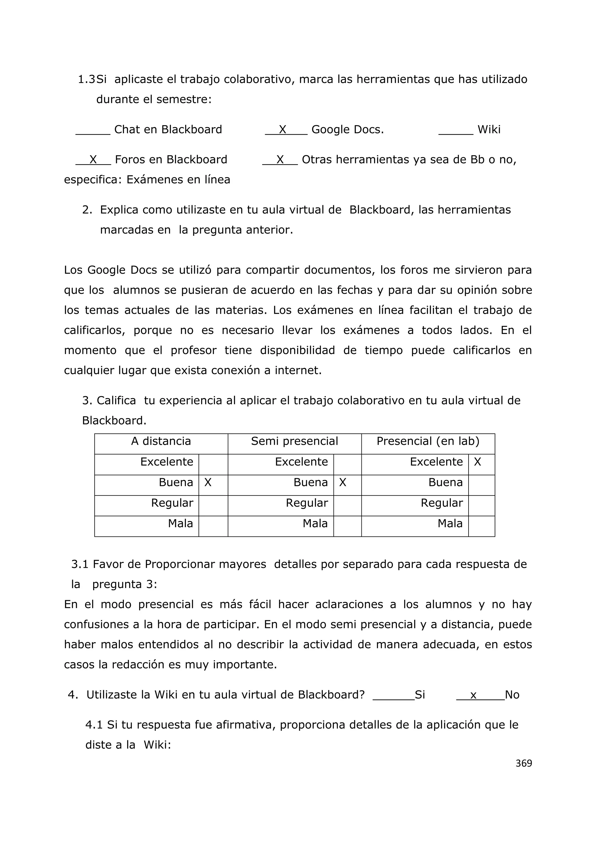 369
1.3Si aplicaste el trabajo colaborativo, marca las herramientas que has utilizado
durante el semestre:
_____ Chat en Blackboard __X___ Google Docs. _____ Wiki
__X__ Foros en Blackboard __X__ Otras herramientas ya sea de Bb o no,
especifica: Exámenes en línea
2. Explica como utilizaste en tu aula virtual de Blackboard, las herramientas
marcadas en la pregunta anterior.
Los Google Docs se utilizó para compartir documentos, los foros me sirvieron para
que los alumnos se pusieran de acuerdo en las fechas y para dar su opinión sobre
los temas actuales de las materias. Los exámenes en línea facilitan el trabajo de
calificarlos, porque no es necesario llevar los exámenes a todos lados. En el
momento que el profesor tiene disponibilidad de tiempo puede calificarlos en
cualquier lugar que exista conexión a internet.
3. Califica tu experiencia al aplicar el trabajo colaborativo en tu aula virtual de
Blackboard.
A distancia Semi presencial Presencial (en lab)
Excelente Excelente Excelente X
Buena X Buena X Buena
Regular Regular Regular
Mala Mala Mala
3.1 Favor de Proporcionar mayores detalles por separado para cada respuesta de
la pregunta 3:
En el modo presencial es más fácil hacer aclaraciones a los alumnos y no hay
confusiones a la hora de participar. En el modo semi presencial y a distancia, puede
haber malos entendidos al no describir la actividad de manera adecuada, en estos
casos la redacción es muy importante.
4. Utilizaste la Wiki en tu aula virtual de Blackboard? ______Si __x____No
4.1 Si tu respuesta fue afirmativa, proporciona detalles de la aplicación que le
diste a la Wiki:
 