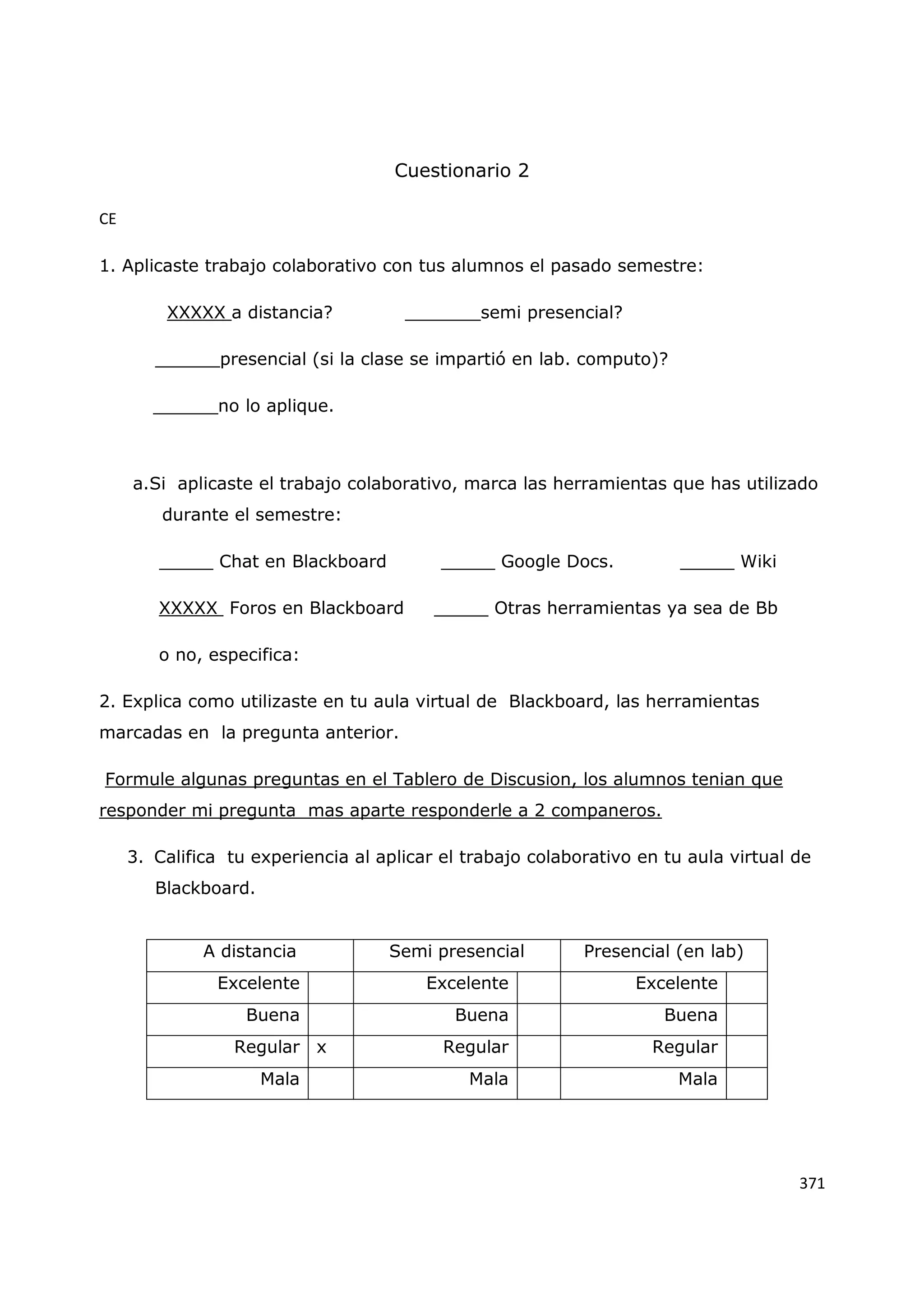 371
Cuestionario 2
CE
1. Aplicaste trabajo colaborativo con tus alumnos el pasado semestre:
XXXXX a distancia? _______semi presencial?
______presencial (si la clase se impartió en lab. computo)?
______no lo aplique.
a.Si aplicaste el trabajo colaborativo, marca las herramientas que has utilizado
durante el semestre:
_____ Chat en Blackboard _____ Google Docs. _____ Wiki
XXXXX Foros en Blackboard _____ Otras herramientas ya sea de Bb
o no, especifica:
2. Explica como utilizaste en tu aula virtual de Blackboard, las herramientas
marcadas en la pregunta anterior.
Formule algunas preguntas en el Tablero de Discusion, los alumnos tenian que
responder mi pregunta mas aparte responderle a 2 companeros.
3. Califica tu experiencia al aplicar el trabajo colaborativo en tu aula virtual de
Blackboard.
A distancia Semi presencial Presencial (en lab)
Excelente Excelente Excelente
Buena Buena Buena
Regular x Regular Regular
Mala Mala Mala
 