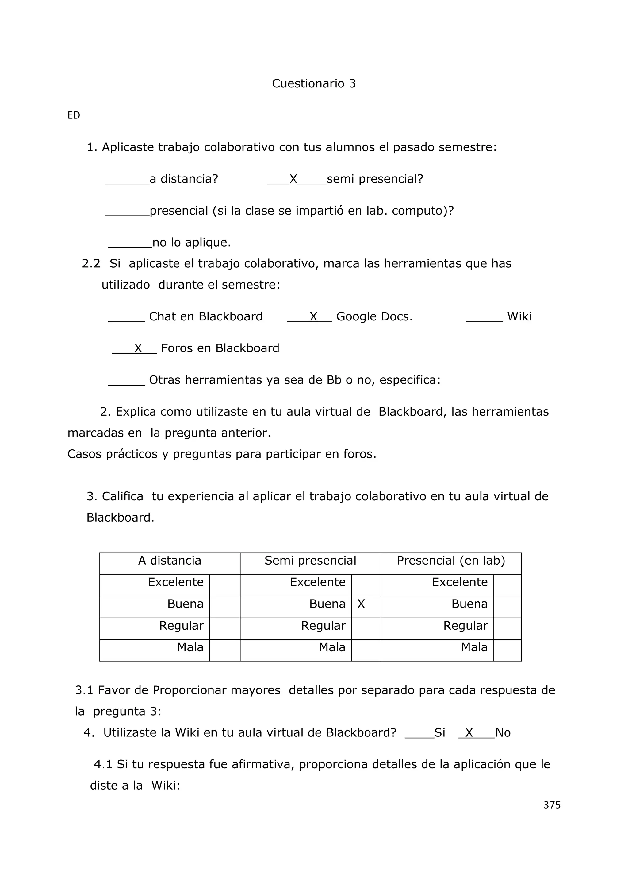 375
Cuestionario 3
ED
1. Aplicaste trabajo colaborativo con tus alumnos el pasado semestre:
______a distancia? ___X____semi presencial?
______presencial (si la clase se impartió en lab. computo)?
______no lo aplique.
2.2 Si aplicaste el trabajo colaborativo, marca las herramientas que has
utilizado durante el semestre:
_____ Chat en Blackboard ___X__ Google Docs. _____ Wiki
___X__ Foros en Blackboard
_____ Otras herramientas ya sea de Bb o no, especifica:
2. Explica como utilizaste en tu aula virtual de Blackboard, las herramientas
marcadas en la pregunta anterior.
Casos prácticos y preguntas para participar en foros.
3. Califica tu experiencia al aplicar el trabajo colaborativo en tu aula virtual de
Blackboard.
A distancia Semi presencial Presencial (en lab)
Excelente Excelente Excelente
Buena Buena X Buena
Regular Regular Regular
Mala Mala Mala
3.1 Favor de Proporcionar mayores detalles por separado para cada respuesta de
la pregunta 3:
4. Utilizaste la Wiki en tu aula virtual de Blackboard? ____Si _X___No
4.1 Si tu respuesta fue afirmativa, proporciona detalles de la aplicación que le
diste a la Wiki:
 