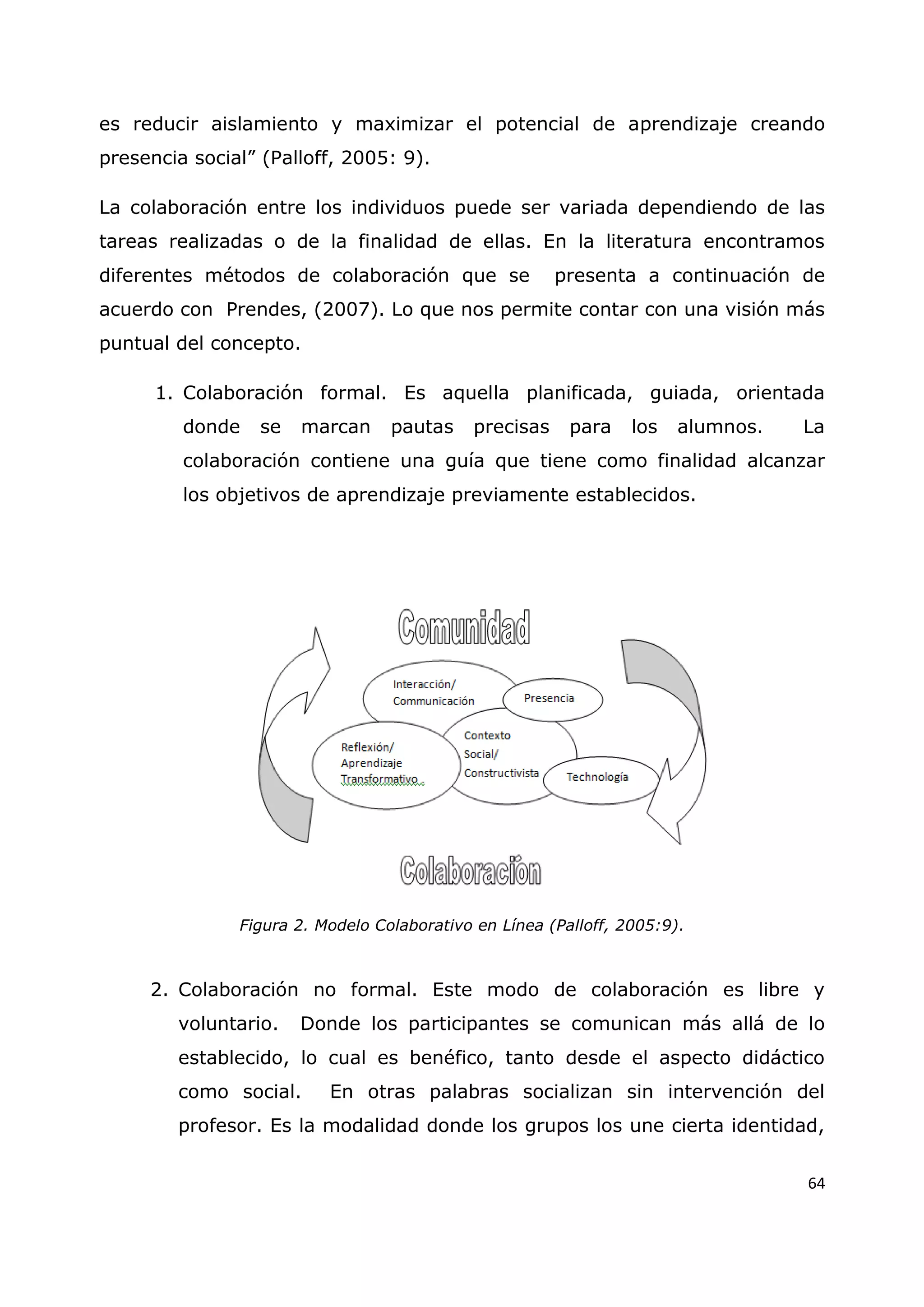 64
es reducir aislamiento y maximizar el potencial de aprendizaje creando
presencia social” (Palloff, 2005: 9).
La colaboración entre los individuos puede ser variada dependiendo de las
tareas realizadas o de la finalidad de ellas. En la literatura encontramos
diferentes métodos de colaboración que se presenta a continuación de
acuerdo con Prendes, (2007). Lo que nos permite contar con una visión más
puntual del concepto.
1. Colaboración formal. Es aquella planificada, guiada, orientada
donde se marcan pautas precisas para los alumnos. La
colaboración contiene una guía que tiene como finalidad alcanzar
los objetivos de aprendizaje previamente establecidos.
Figura 2. Modelo Colaborativo en Línea (Palloff, 2005:9).
2. Colaboración no formal. Este modo de colaboración es libre y
voluntario. Donde los participantes se comunican más allá de lo
establecido, lo cual es benéfico, tanto desde el aspecto didáctico
como social. En otras palabras socializan sin intervención del
profesor. Es la modalidad donde los grupos los une cierta identidad,
 