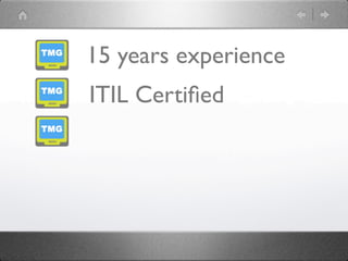 15 years experience
ITIL Certiﬁed
 