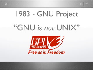 1983 - GNU Project
“GNU is not UNIX”
 