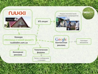 Конкурс  «Мечтаешь о новой крыше?» ruukkidim.com.ua Посты с сообщением о конкурсе Контекстная реклама Тематические форумы Текстовые объявления Баннерная реклама BTL- акция Раздача листовок возле строительных супермаркетов 