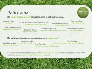 По  количественным  показателям и веб-метрикам:   Работаем показы Cost per Thousand Impressions (CPM) стоимость тысячи показов Average Frequency частота контакта Frequency Response частота отклика Effective Reach эффективный охват Effective Frequency  эффективная частота Click   through Rate соотношение показов и кликов Cost per Click стоимость клика Impressions По веб-метрикам, основанным на  результате * : Cost Per Sale оплата за продажу (% с продаж) Cost Per Lead оплата за зявку или заполенную форму Cost Per Order оплата за заказ Cost Per Action оплата за действие *  Каждый из этих видов работ предполагает  маркетинговый аудит  интернет-ресурсов и активностей клиента, а также  доступ к интернет-аналитике  клиента. 