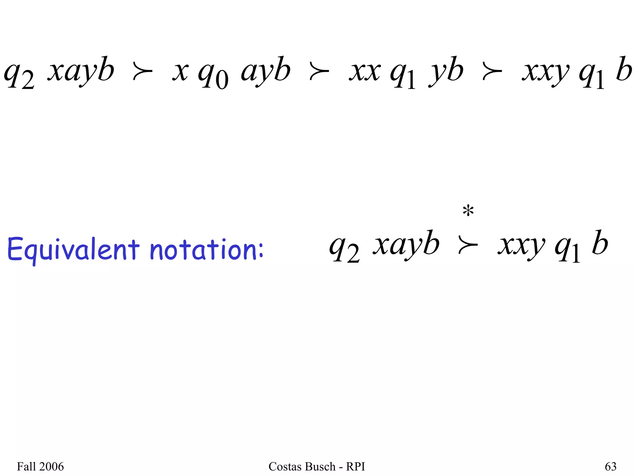 Fall 2006 Costas Busch - RPI 63
bqxxyybqxxaybqxxaybq 1102 
bqxxyxaybq 12
∗
Equivalent notation:
 