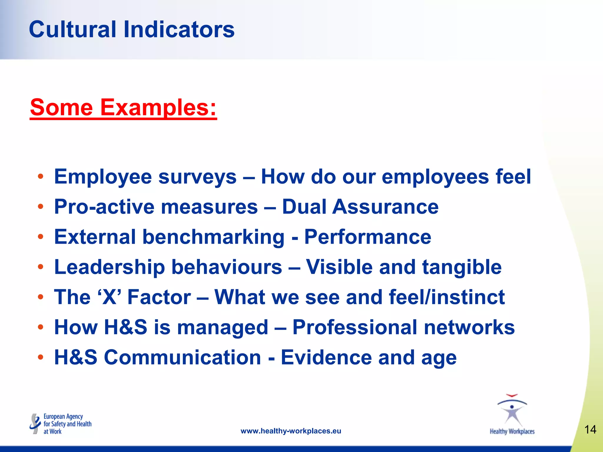 14www.healthy-workplaces.eu
Some Examples:
• Employee surveys – How do our employees feel
• Pro-active measures – Dual Assurance
• External benchmarking - Performance
• Leadership behaviours – Visible and tangible
• The „X‟ Factor – What we see and feel/instinct
• How H&S is managed – Professional networks
• H&S Communication - Evidence and age
Cultural Indicators
 