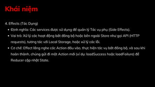Khái niệm
4. Effects (Tác Dụng)
Định nghĩa: Các services được sử dụng để quản lý Tác vụ phụ (Side Effects).
Vai trò: Xử lý các hoạt động bất đồng bộ hoặc bên ngoài Store như gọi API (HTTP
requests), tương tác với Local Storage, hoặc xử lý các lỗi.
Cơ chế: Effect lắng nghe các Action đầu vào, thực hiện tác vụ bất đồng bộ, và sau khi
hoàn thành, chúng gửi đi một Action mới (ví dụ: loadSuccess hoặc loadFailure) để
Reducer cập nhật State.
 
